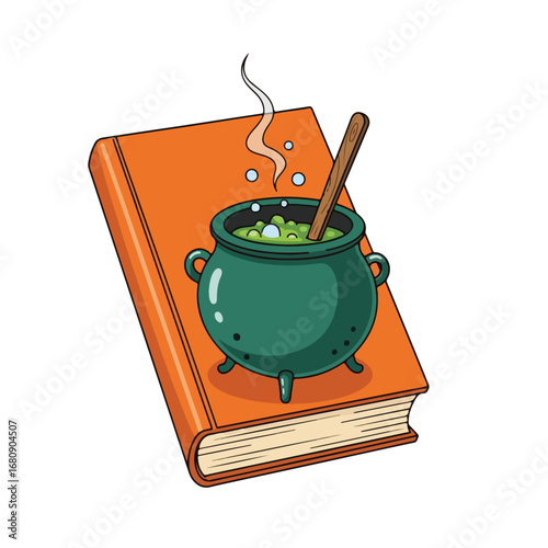 Green witchs cauldron bubbling with potion sitting on an old orange spell book
