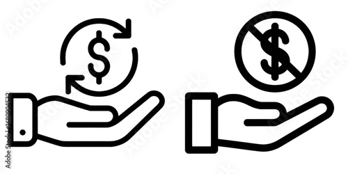 Hands holding money with return arrows and money with a prohibition sign on transparent background