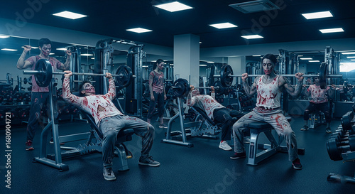 Fitness enthusiasts in zombie costumes working out in gym, Halloween lifestyle concept