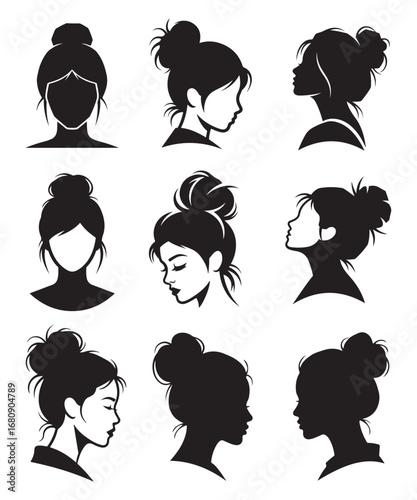 Elegant Woman Silhouette Profile Set with Hair Bun Styles.
