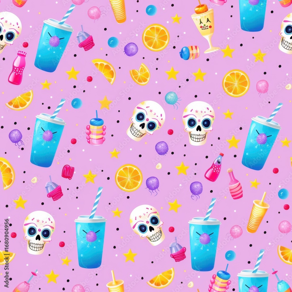 Seamless vector pattern featuring cocktails and skulls suitable for various design projects Seamless vector pattern featuring cocktails and skulls suitable for various design projects