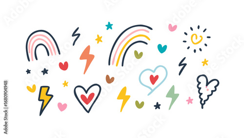 Playful doodles hearts rainbows stars lightning illustration
