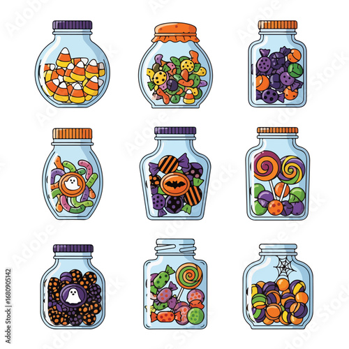Collection of nine glass jars filled with colorful halloween candies and treats