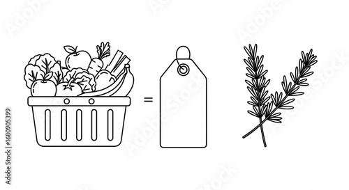 A conceptual line art illustration of a shopping basket with groceries, a price tag, and a sprig of rosemary.