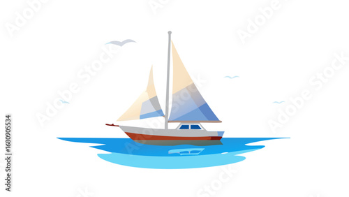 Sailboat with birds on water sailing ocean