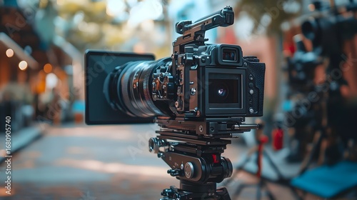 Close-up shot of a professional video camera set up and ready for filming.