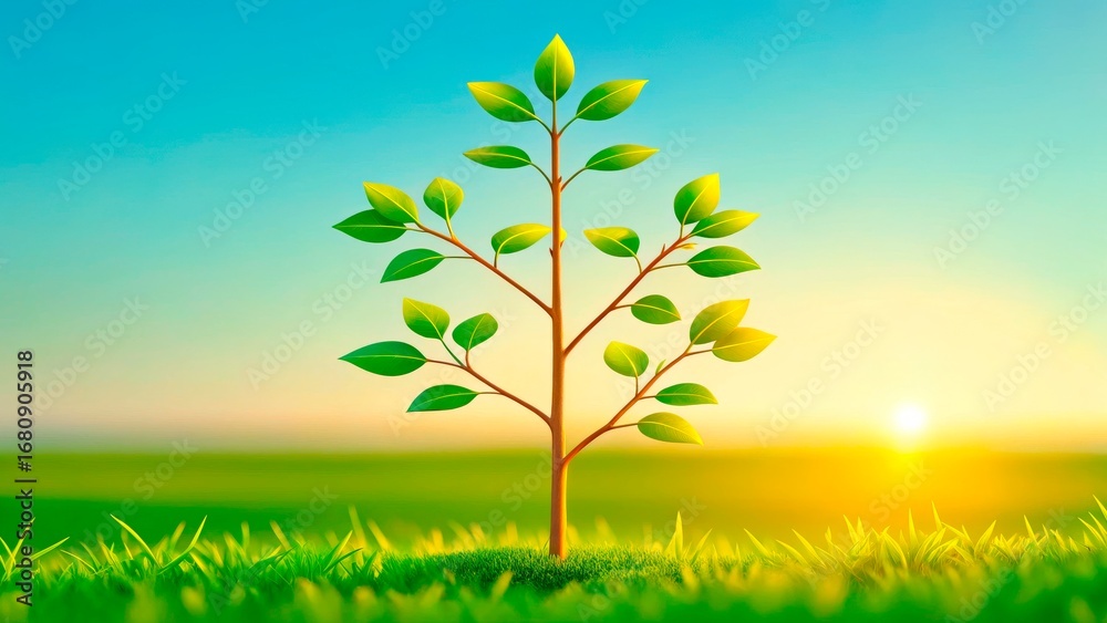 Obraz premium Green sapling grows in a vibrant field under a bright sunrise illuminating the morning sky