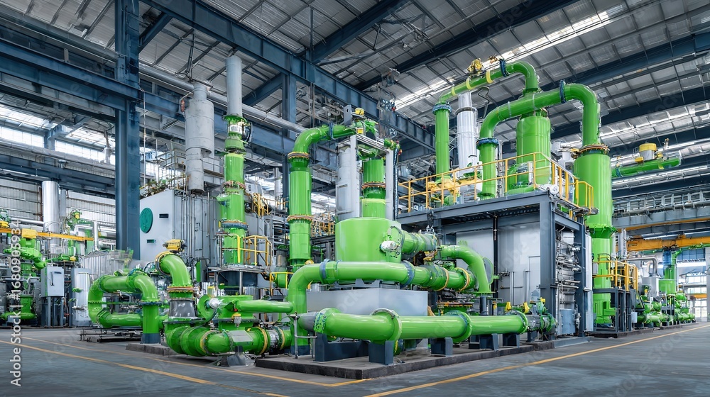 Fototapeta premium inside the industrial - style plastic waste pyrolysis plant, pipes conveying raw materials, energy conversion flowcharts above, background is robotic arm operation scene 