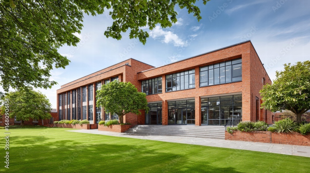 Fototapeta premium A contemporary building with a brick facade and expansive glass windows under a blue sky.