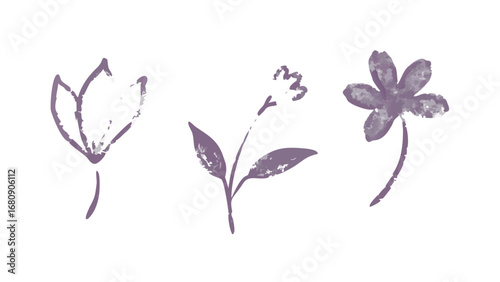 Three purple ink flower doodles brush