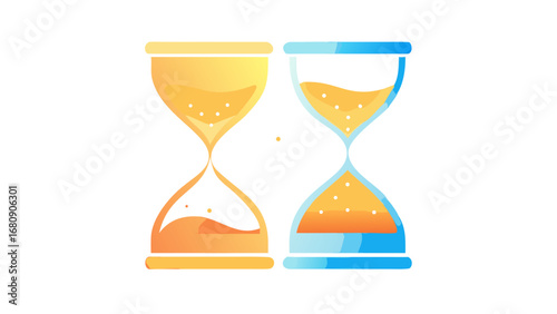 Two hourglasses with flowing sand time measurement