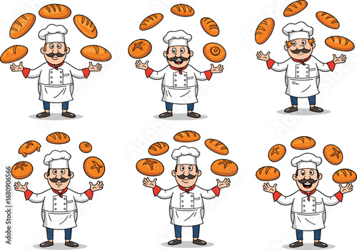 Funny cartoon chef juggling fresh bread loaves, bakery baker with mustache, white uniform, happy cooking, kitchen, baking, bakery concept, professional chef, cartoon illustration
