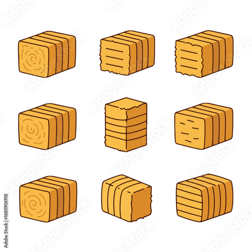 Collection of nine hand drawn illustrations of golden hay bales in various arrangements and perspectives