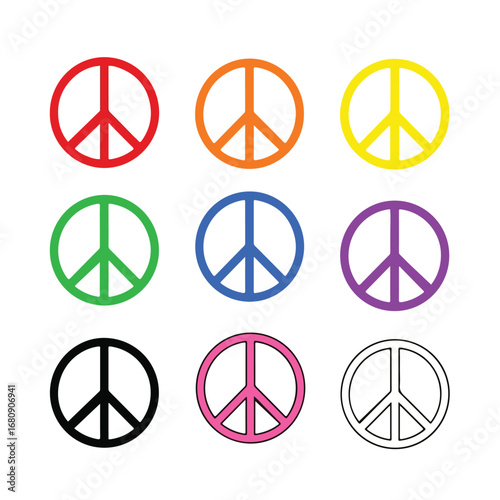 Collection of colorful peace symbols in a grid representing diversity and unity