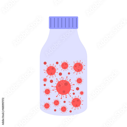 Cartoon style bottle displays virus illustrations.