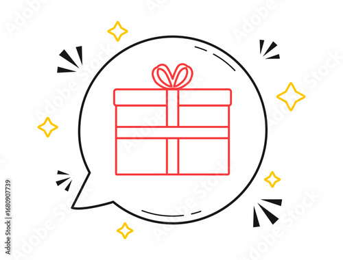 Colorful gift box graphic with decorative accents displayed.