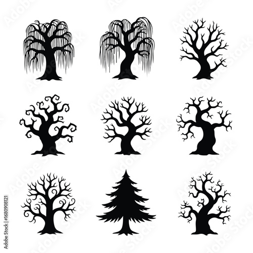 Collection of nine spooky silhouette trees in various gnarled and bare styles on white background