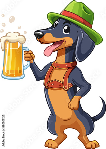 A jolly cartoon dachshund dog character wearing a traditional Bavarian hat (Tyrolean hat) and lederhosen, happily raising a large beer mug (stein), full body, vector illustration, isolated on a white 