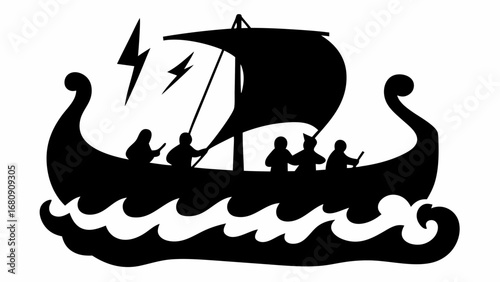 Silhouette of a viking ship with sail and rowers on wavy water with lightning in the background art