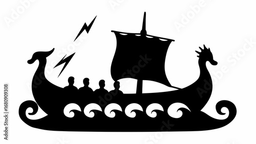 Silhouette of a viking ship with dragon heads sailing under lightning with people aboard the vessel