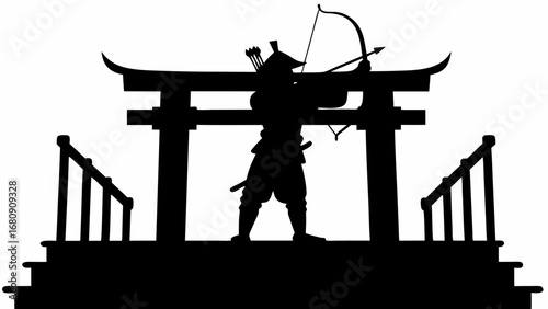 Silhouette of a samurai archer standing in front of a torii gate with stairs and handrails shown