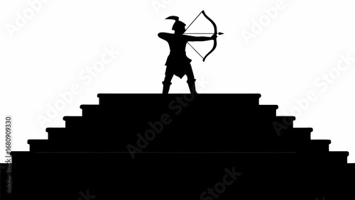 Silhouette of an archer standing atop a flight of stairs aiming with a bow and arrow in monochrome style