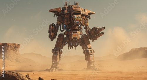Giant Mech in Desolate Landscape