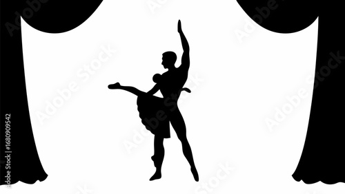 Silhouette of ballet dancers performing on stage with curtains in the background in black and white style