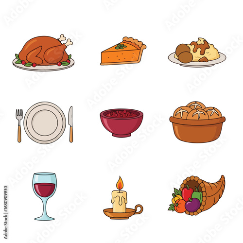 Collection of thanksgiving holiday food and dinnerware elements for festive celebration