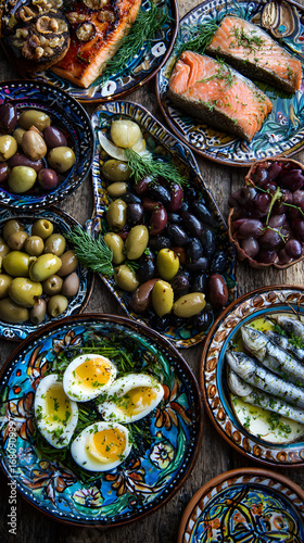 Mediterranean diet: fresh colorful vegetables, seafood, and olive oil