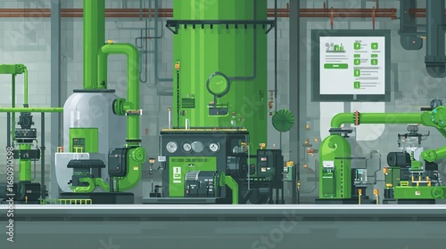 inside the industrial - style plastic waste pyrolysis plant, pipes conveying raw materials, energy conversion flowcharts above, background is robotic arm operation scene 
