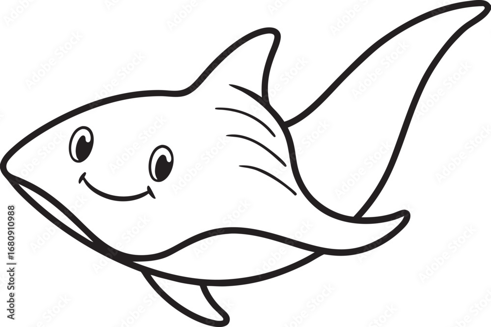 Obraz premium Cheerful Cartoon Shark Illustration with Smiling Face and Streamlined Body in Bold Black and White Outline Style