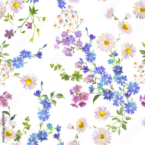 Seamless Wildflower Pattern for Fabric, Wallpaper, and Surface Design , Gouache Painting Style with Daisies and Blue Cornflowers