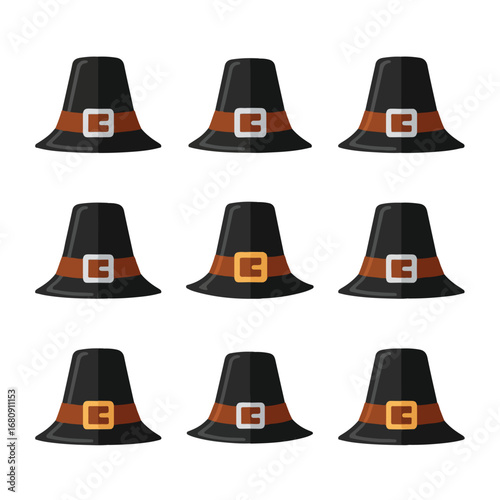 Nine traditional pilgrim hats with buckles arranged in a grid pattern on a white background