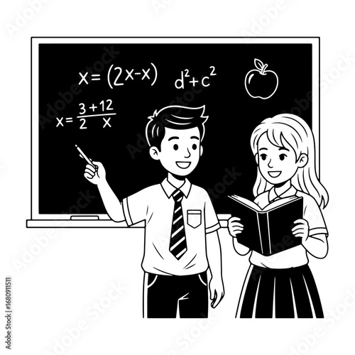Children's classroom scene vector, students learning math solutions on the blackboard, which can be used in school books, learning materials, posters, web content and educational designs.
