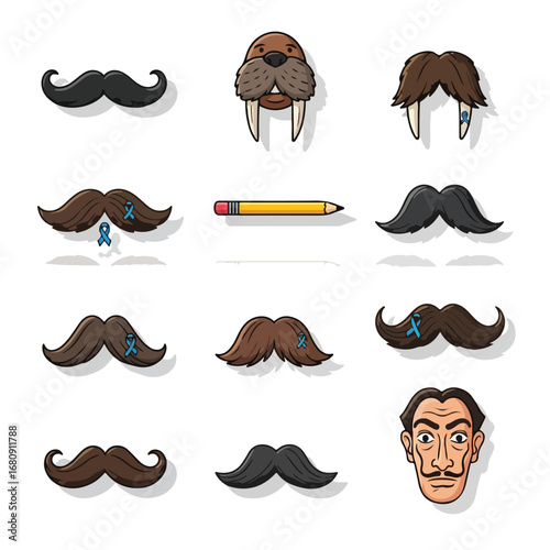 Collection of diverse mustaches and a walrus face illustration with a pencil