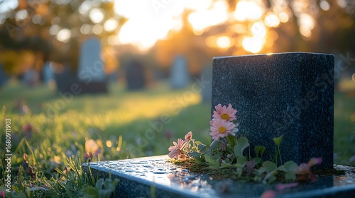 A serene sunset casts a warm glow over a peaceful cemetery scene with flowers.