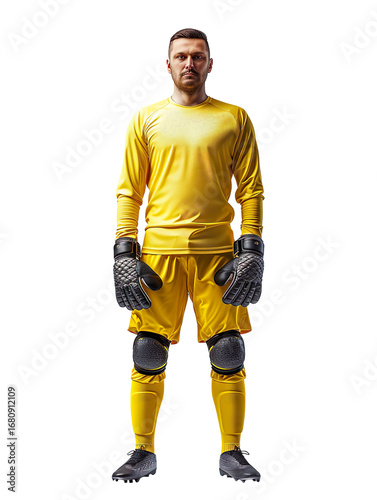 Soccer goalie in defensive stance standing pose wearing a yellow jersey and gloves on a transparent background
