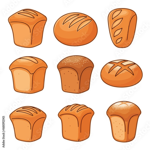 Collection of nine delicious golden brown baked bread loaves and rolls with scoring marks