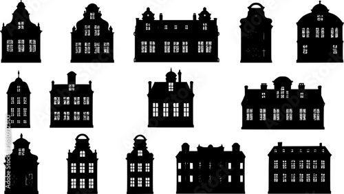 Vintage building silhouette vector collection, classic architectural outlines, historic city landmarks isolated on white background, stock design.