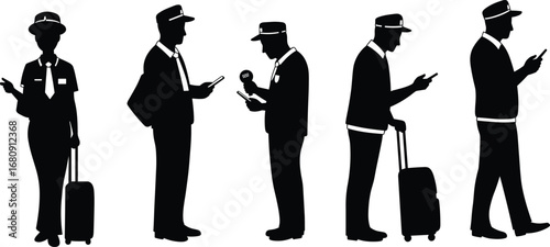 Silhouette of airport crew, pilots and flight attendants using smartphones, waiting with luggage, travel staff in uniform, travel concept illustration.