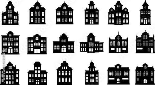 Vintage building silhouette vector collection, classic architectural outlines, historic city landmarks isolated on white background, stock design.