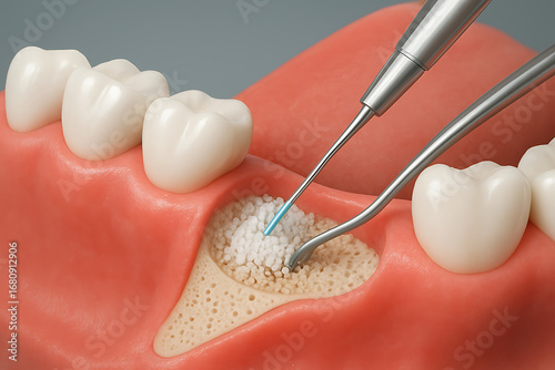 A 3d illustration of a dental bone graft procedure on a jaw with a spoon and white granules for regeneration