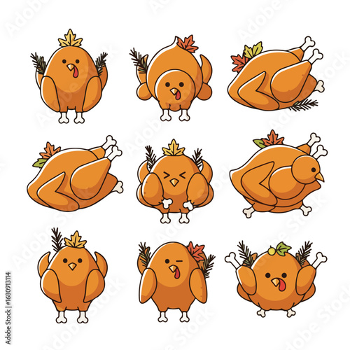 Collection of nine adorable cartoon roasted turkeys with crowns and festive decorations
