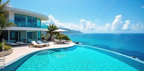 Luxurious hotel with a stunning, panoramic ocean view, featuring a vibrant blue exterior and cloudless sky Perfect for travel, vacation, and relaxation , hotel, panoramic, sky