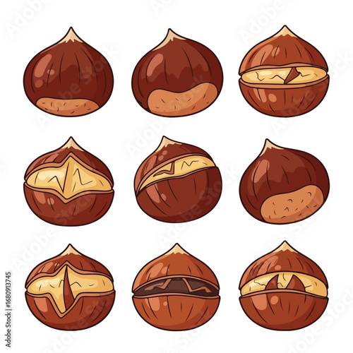 Collection of nine roasted chestnuts with visible cuts on a white background