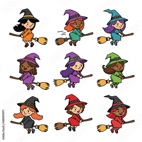 Collection of nine adorable cartoon witches flying on broomsticks in various colorful outfits and hairstyles