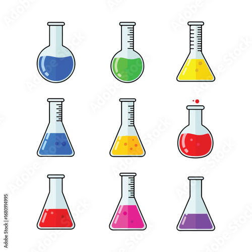 Collection of colorful laboratory flasks filled with various liquids on a white background
