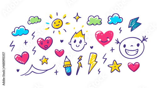 Bright doodle icons with sun hearts and clouds colorful