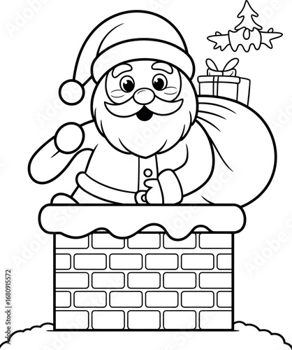 Santa Claus in chimney with gifts vector outline illustration